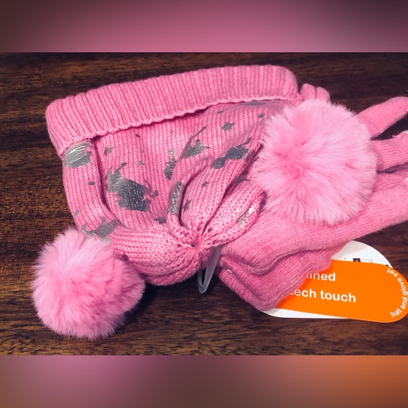 Girl’s 2PCS Hat Lined Tech Touch Unicorn graphics / Gloves set pink. One size - Picture 3 of 4